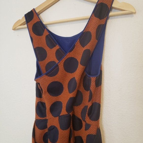 Anthropologie Size 0 Maeve Rokin Orange Blue Criss Cross Back Polka Dot Dress - Picture 2 of 10